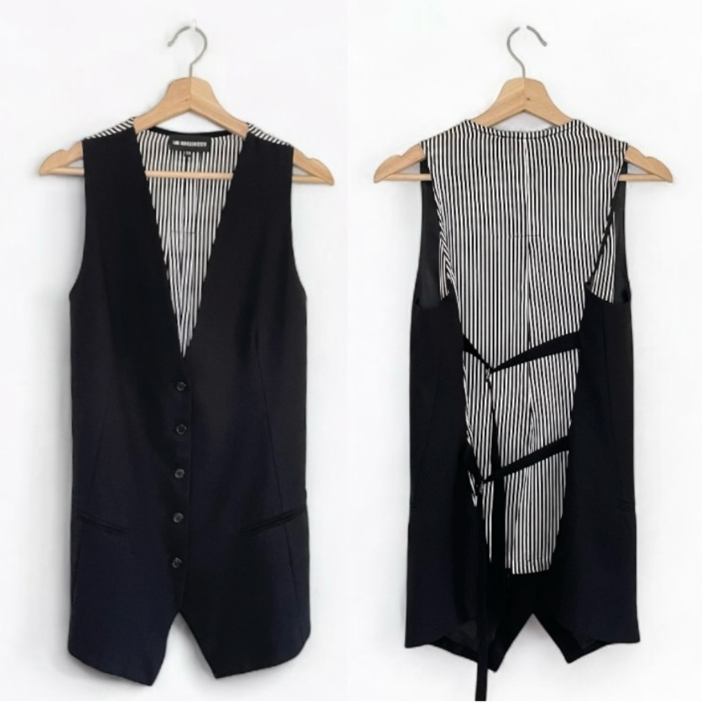 Ann Demeulemeester Waistcoat Virgin Wool Silk Mixed Media Longline Vest Black 38
